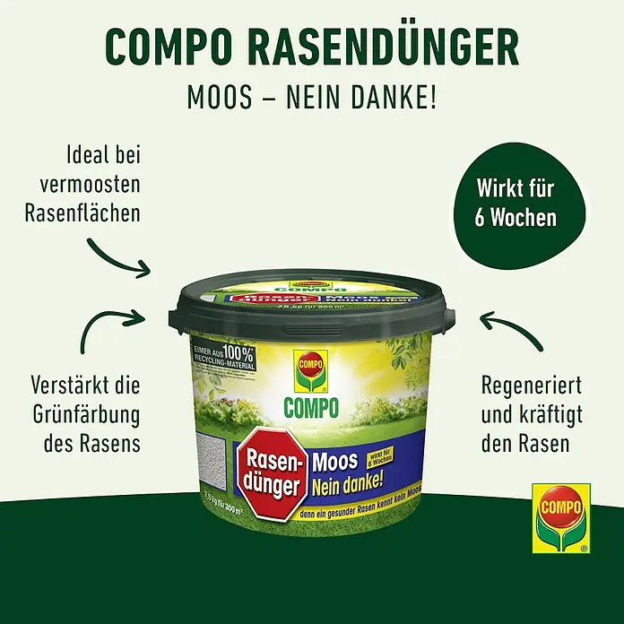 Compo Rasendünger Moos nein Danke! - 7,5 kg, Max. Anwendungsfläche: 200 m² - Abbildung eines COMPO Rasendünger-Eimers. Ideal für vermooste Rasenflächen, stärkt die Grünfärbung und regeneriert den Rasen.