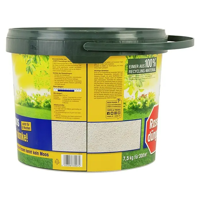 Compo Rasendünger Moos nein Danke! - 7,5 kg, Max. Anwendungsfläche: 200 m² - COMPO Rasendünger Moos Eimer: Rasendünger für einen kräftigen, widerstandsfähigen Rasen, 7,5 kg für 300 m², Moos-Nein-Garantie.