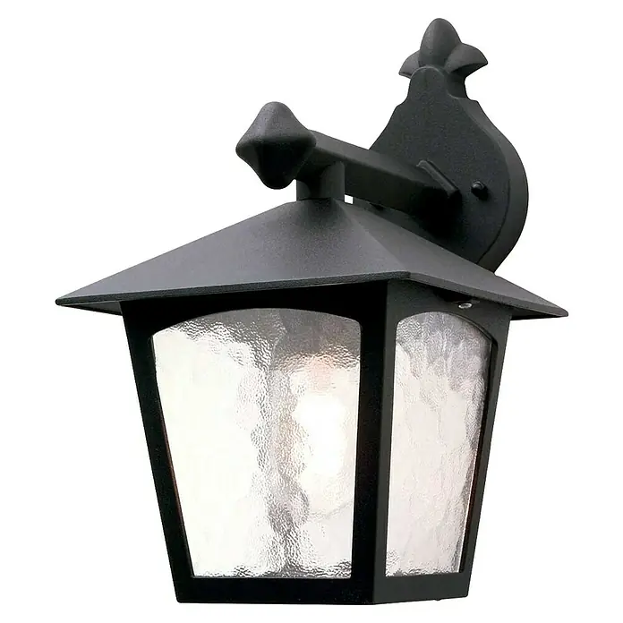 Elstead Außenwandleuchte York - 60 W, 22,5 x 31 x 31 cm, Schwarz, IP23 - Nahaufnahme einer schwarzen Außenwandleuchte mit strukturierter Glasscheibe und dekorativen Akzenten.