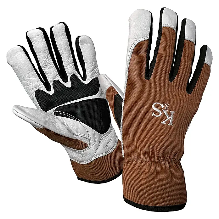 Kent & Stowe Gartenhandschuhe Sure & Fit - L, Braun/Schwarz/Weiß - Ein Paar braune und weiße Arbeitshandschuhe mit der Aufschrift KS, ideal für Gartenarbeit und Reparaturen.