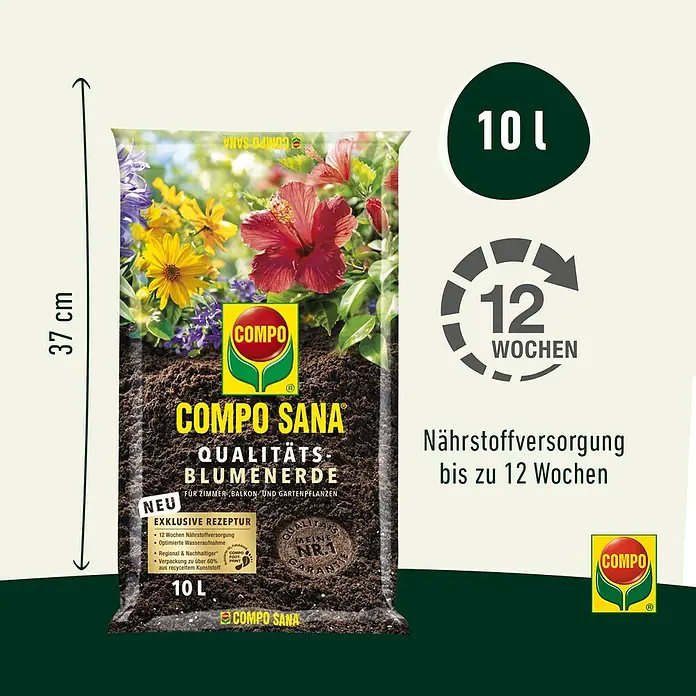 Compo Sana Blumenerde für Zimmer-, Balkon- & Gartenpflanzen - 10 l - Abbildung einer 10L-Packung Compo Sana Qualitäts-Blumenerde mit Nährstoffversorgung für bis zu 12 Wochen für Zimmer-, Balkon- und Gartenpflanzen.
