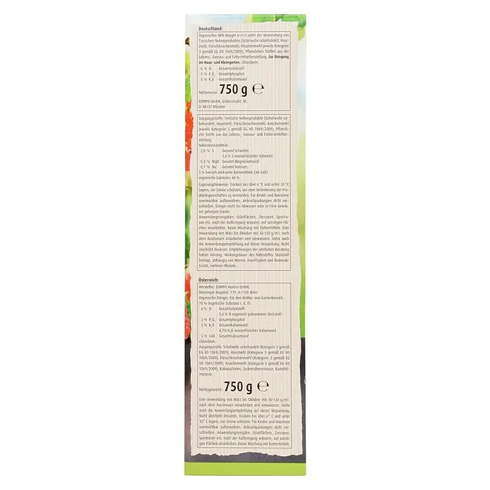 Compo Langzeitdünger Beeren - 750 g - Etikett eines COMPO-Düngers mit Angaben zu Inhaltsstoffen, Anwendung und Herkunft, sowohl für Deutschland als auch für Österreich.
