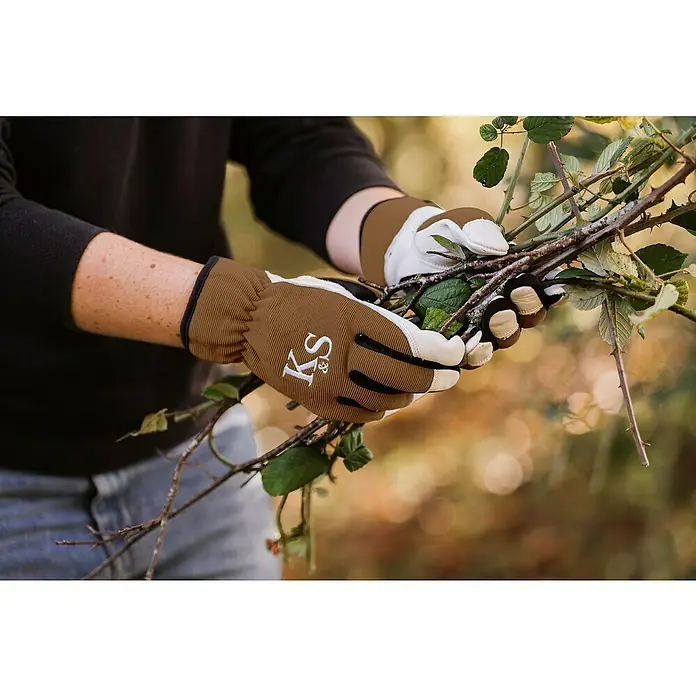 Kent & Stowe Gartenhandschuhe Sure & Fit - L, Braun/Schwarz/Weiß - Nahaufnahme der Hände mit braunen Gartenhandschuhen, die Äste halten, ideal für Gartenarbeiten.