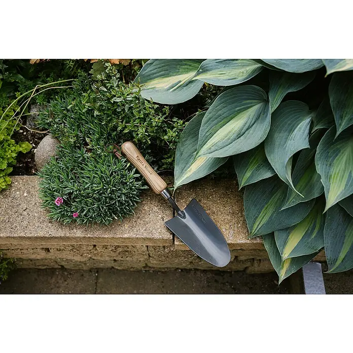 Kent & Stowe Pflanzkelle Carbon Steel - 33,5 cm - Ein Kent & Stowe Handspaten liegt auf einer Mauer inmitten einer grünen Gartenlandschaft, ideal für kleine Pflanzarbeiten.