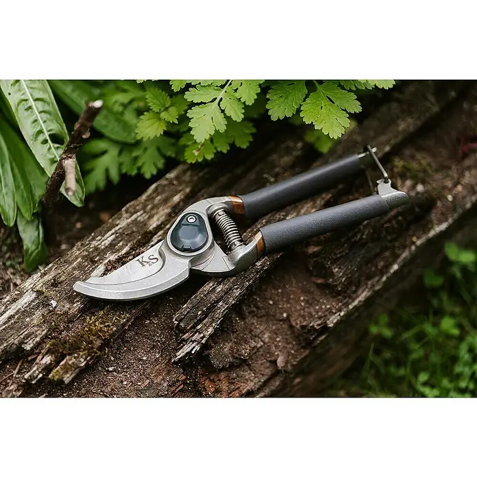 Kent & Stowe Gartenschere Carbon Steel - Max. Aststärke: 18 mm - Gartenschere von KS Tools liegt auf einem Baumstamm im Garten. Die Schere ist silberfarben mit grauen Griffen und einer Feder.