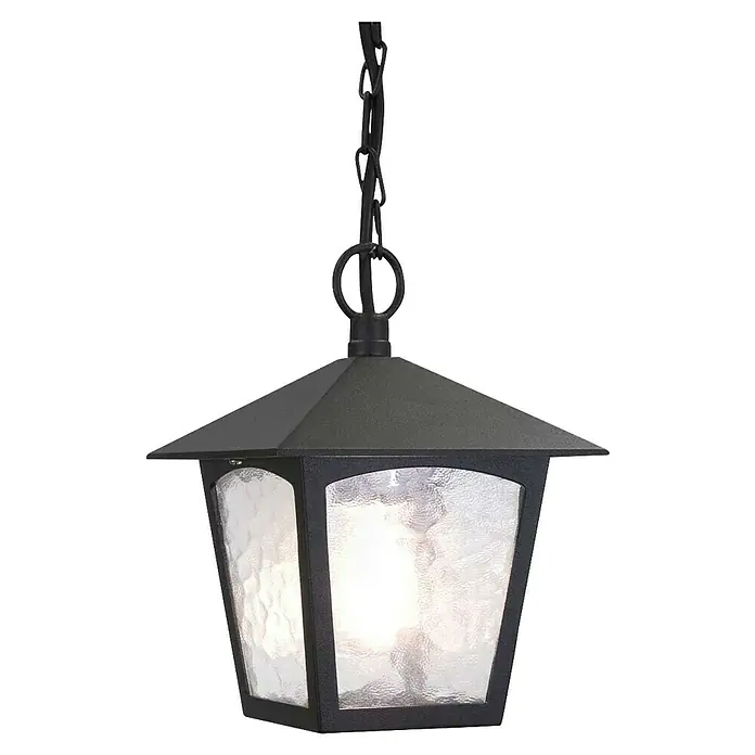 Elstead Pendelleuchte York - 60 W, Farbe Gehäuse: Schwarz, 18,5 x 18,5 x 39 cm, Ohne Leuchtmittel - Nahaufnahme einer schwarzen Außenlaterne mit klarem, strukturiertem Glas, die an einer Kette aufgehängt ist.