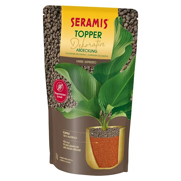 Seramis Pflanzgranulat Topper - 1 l, Espresso - Produktbild von Seramis Topper Dekorative Abdeckung in Espresso Farbe, ein dekoratives Granulat für Zimmerpflanzen, das Trauermücken reduziert.