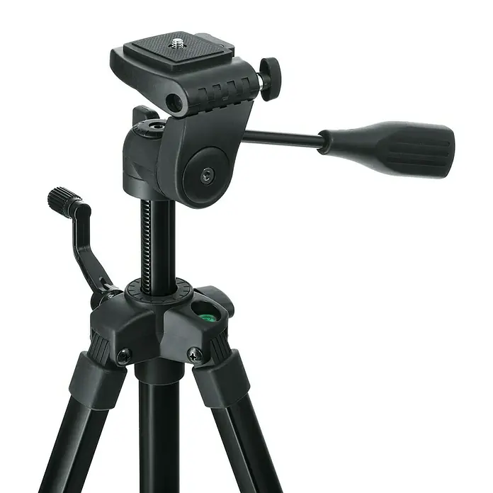 Bosch Professional Stativ BT 150 - Stativ-Gewinde: ¼″ - Nahaufnahme eines schwarzen Kamerastativs, das für Stabilität bei Foto- und Videoaufnahmen sorgt.