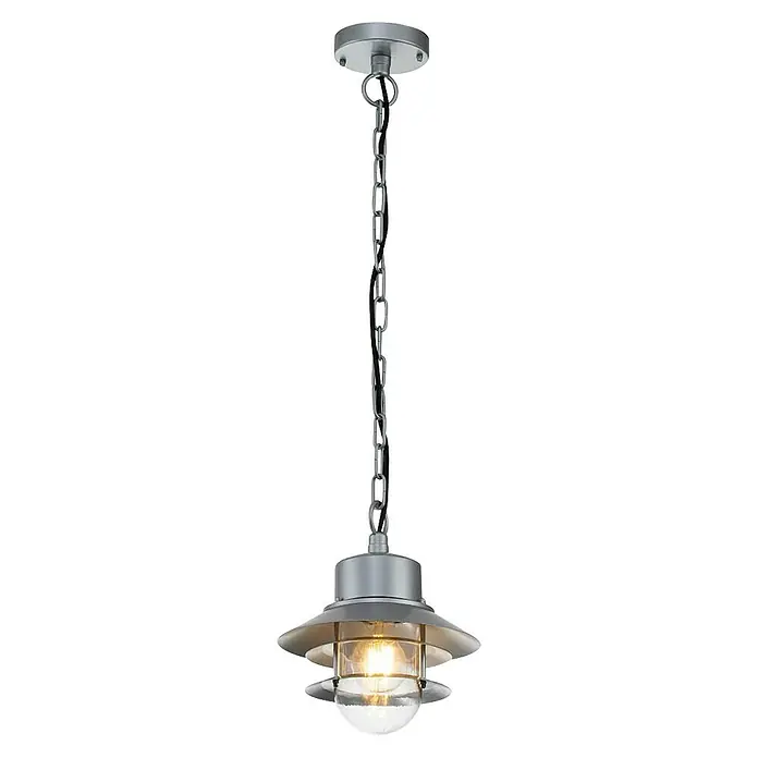 Elstead Pendelleuchte Copenhagen - 60 W, L x B x H: 22 x 22 x 37,5 cm, Silber, E27 - Graue Hängeleuchte mit Kettenaufhängung und klarem Glas, die ein warmes Licht ausstrahlt, ideal für den Außenbereich.