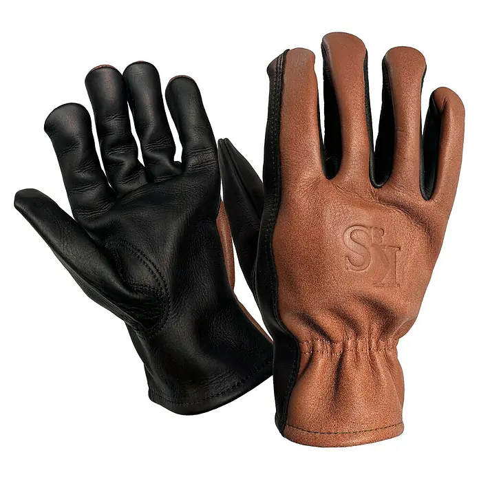Kent & Stowe Gartenhandschuhe Sure & Soft - S, Braun/Schwarz - Ein Paar robuste Lederhandschuhe in Schwarz und Braun, ideal für schwere Arbeiten und zum Schutz der Hände.