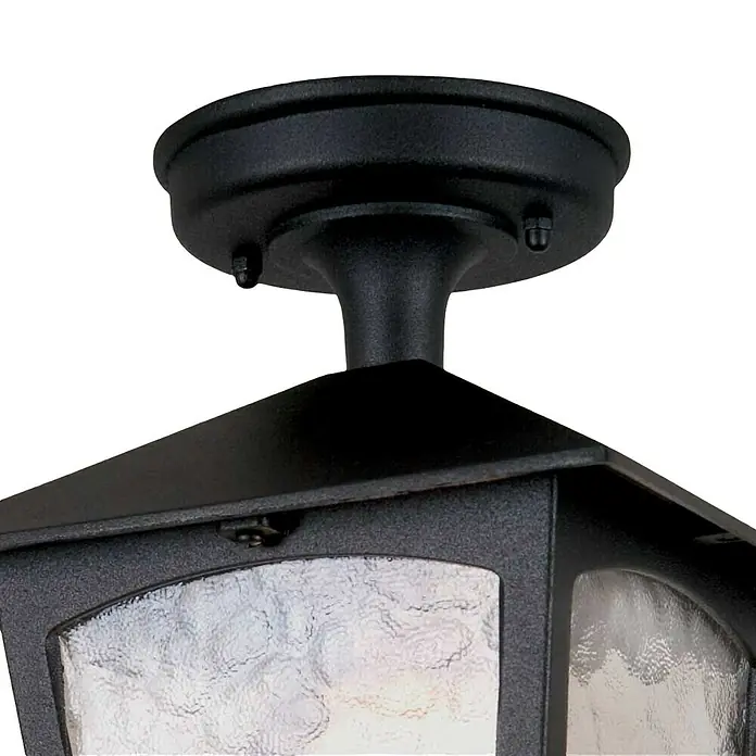 Elstead Außenleuchte York - 60 W, Farbe Gehäuse: Schwarz, 18,5 x 18,5 x 24,5 cm, Mit Leuchtmittel - Nahaufnahme einer schwarzen Außenleuchte mit dekorativem Glas, ideal für stilvolle Hausbeleuchtung.