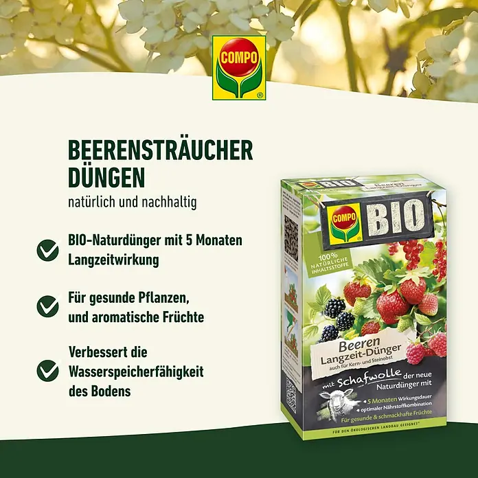 Compo Langzeitdünger Beeren - 750 g - Produktbild: COMPO Beerendünger für beerentragende Sträucher, ein Bio-Naturdünger mit Langzeitwirkung für gesunde Pflanzen und aromatische Früchte.