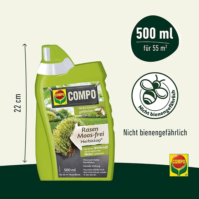 Compo Rasen-Moosfrei Herbistop - 500 ml - Bild einer Flasche COMPO Rasen Moos-frei Herbistop, einem Produkt zur Moosentfernung im Rasen, mit dem Hinweis "Nicht bienengefährlich".