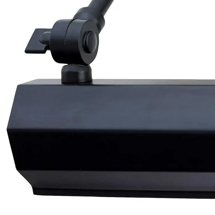 Elstead LED-Bilderleuchte Chawton - 40 W, L x B x H: 18,6 x 18,2 x 11,9 cm, Schwarz - Nahaufnahme einer mattschwarzen Lampe mit verstellbarem Arm, die sich ideal für Arbeitsbereiche oder Schreibtische eignet.