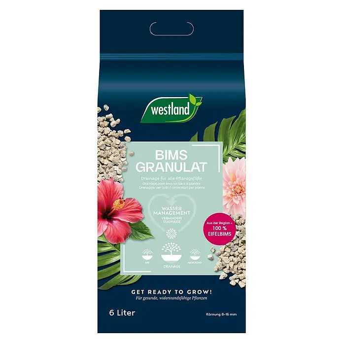 Westland Pflanzgranulat Bims Drainage - 6 l - Abbildung einer 6-Liter-Packung Westland Bims Granulat, ein Drainageprodukt für gesunde, widerstandsfähige Pflanzen, mit dekorativen Blumen.