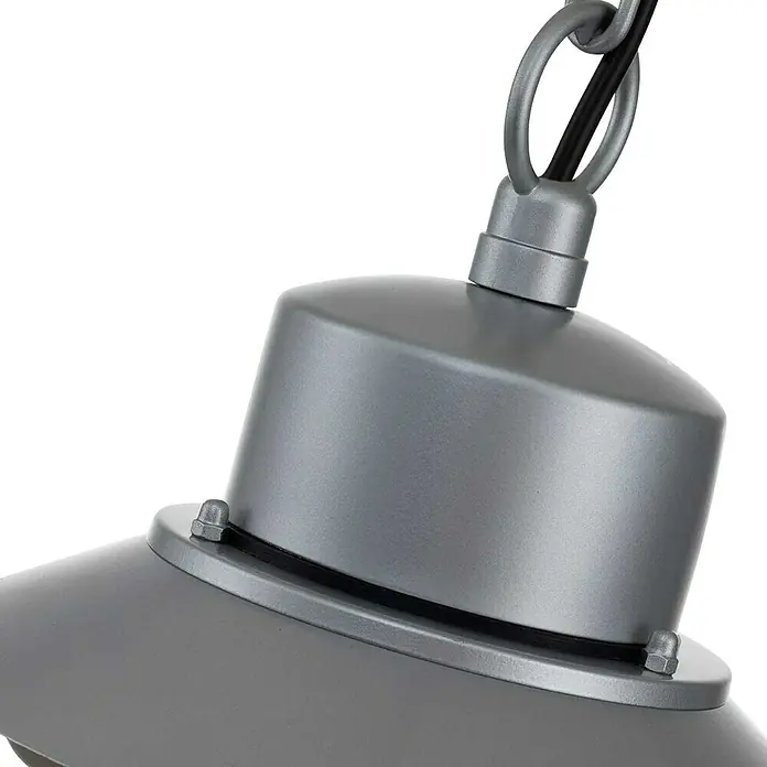 Elstead Pendelleuchte Copenhagen - 60 W, L x B x H: 22 x 22 x 37,5 cm, Silber, E27 - Nahaufnahme einer modernen, grauen Hängelampe, die ein elegantes und industrielles Design zeigt.