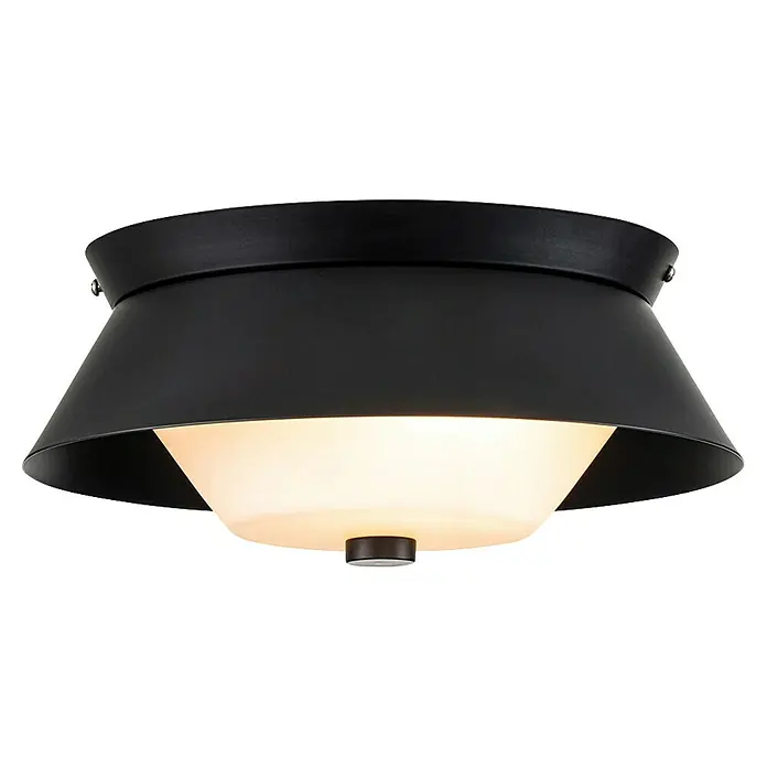 Elstead Deckenleuchte Bowtie - 40 W, L x B x H: 24,5 x 24,5 x 10,2 cm, Schwarz, E14 - Nahaufnahme einer eleganten schwarzen Deckenleuchte mit einem warmen Licht, das durch das Glas scheint.