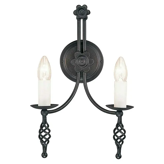 Elstead Wandleuchte Nori - 60 W, L x B x H: 15,5 x 26,5 x 40 cm, Schwarz, E14, Anzahl Leuchtmittel: 2 Stk. - Elegante Wandleuchte mit zwei Armen und blumenförmigen Details. Ideal für stimmungsvolle Beleuchtung in jedem Raum, schmiedeeisernes Design.
