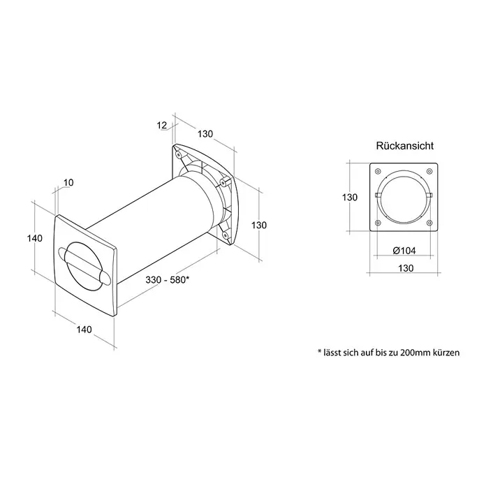 Air-Circle Aeroboy Energiespar-Mauerkasten - Durchmesser: 100 mm, Max. Luftleistung: 300 m³/h, Weiß - Technische Zeichnung einer Wanddurchführung mit Maßangaben und Rückansicht.