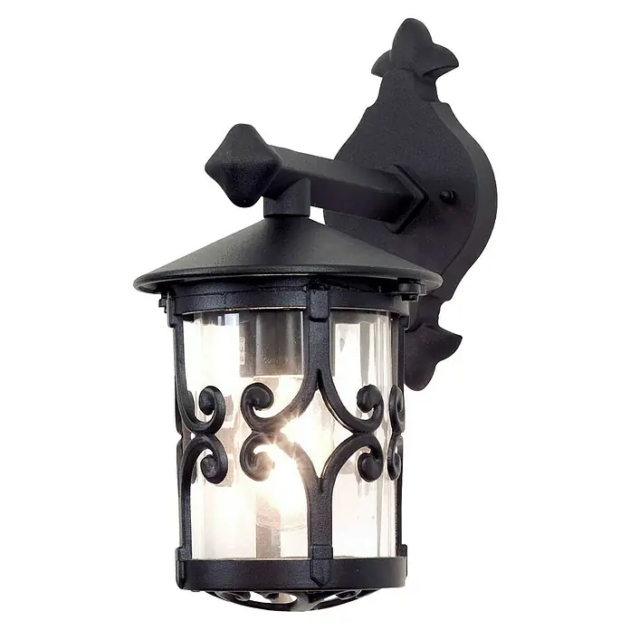 Elstead Außenwandleuchte Hereford - 60 W, 21 x 31 x 31 cm, Schwarz, IP23 - Schwarze Wandleuchte mit dekorativen Verzierungen und klarem Glas für den Außenbereich. Stilvolles Design mit warmer Beleuchtung.