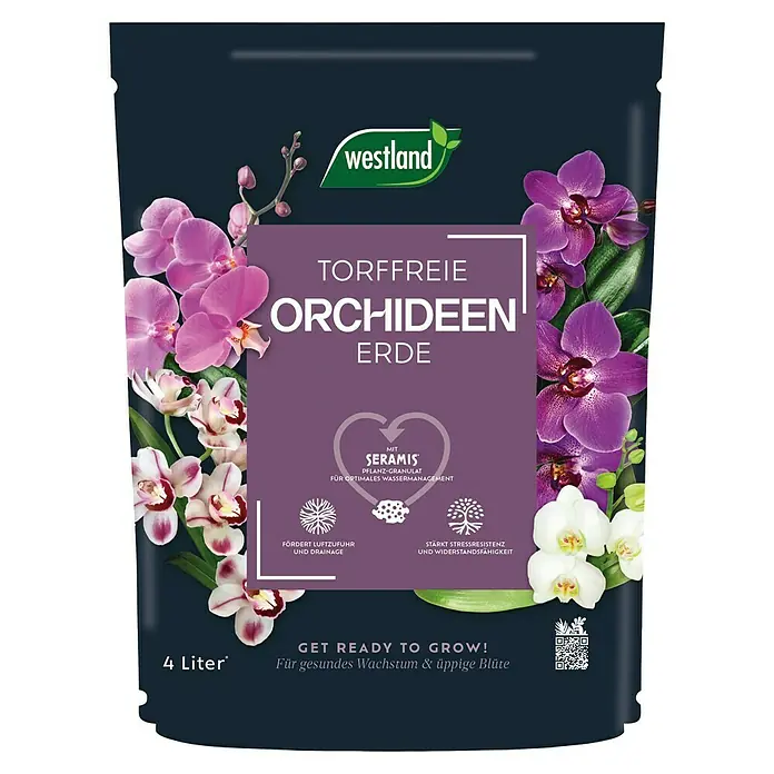 Westland Orchideenerde - 4 l, Torffrei - Eine Packung torffreie Orchideenerde von Westland mit Seramis, die für optimales Wassermanagement sorgt und die Stressresistenz der Pflanzen stärkt.
