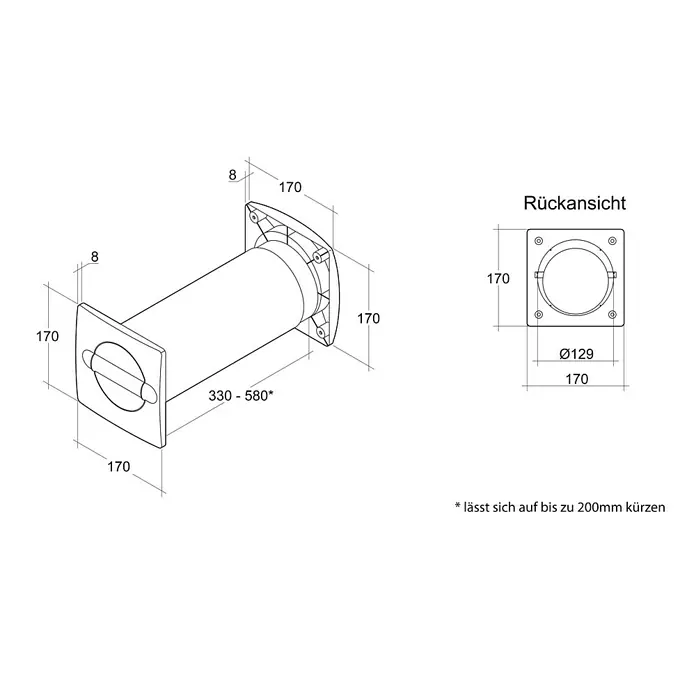 Air-Circle Aeroboy Energiespar-Mauerkasten - Durchmesser: 125 mm, Max. Luftleistung: 600 m³/h, Weiß - Technische Zeichnung eines Abluftkanals mit quadratischem Flansch, Maßen und Rückansicht.