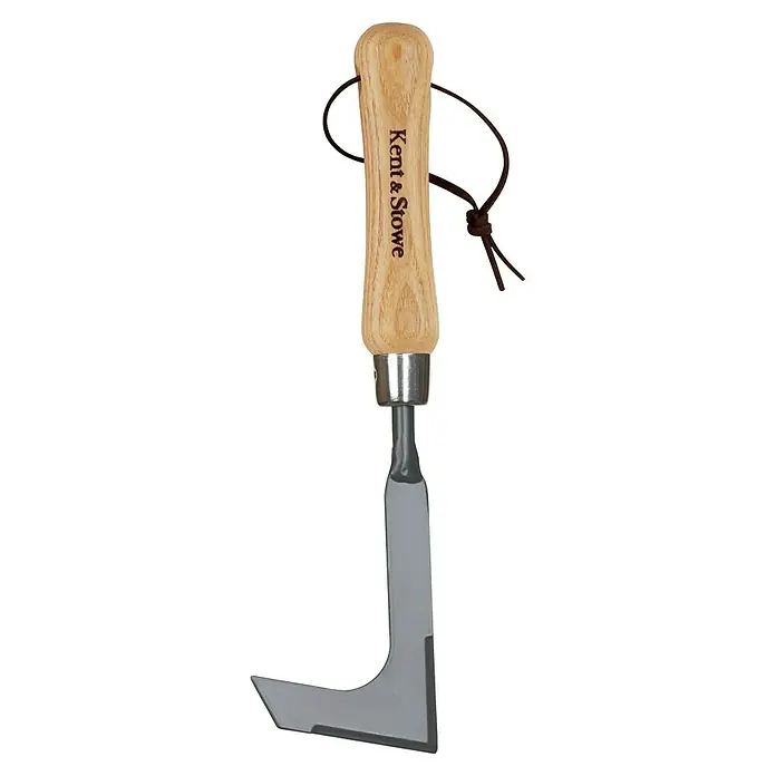 Kent & Stowe Fugenkratzer Carbon Steel - Stahl, Kurzstiel - Ein Kent & Stowe Fugenkratzer mit Holzgriff und Lederschlaufe, ideal zum Entfernen von Unkraut zwischen Pflastersteinen.