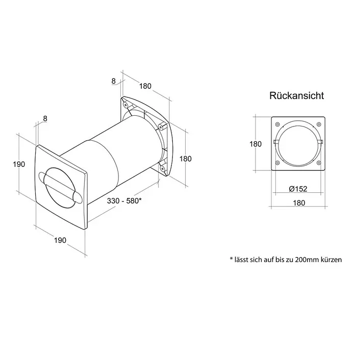 Air-Circle Aeroboy Energiespar-Mauerkasten - Durchmesser: 150 mm, Max. Luftleistung: 600 m³/h, Weiß - Technische Zeichnung eines Abluftsystems mit Maßangaben.