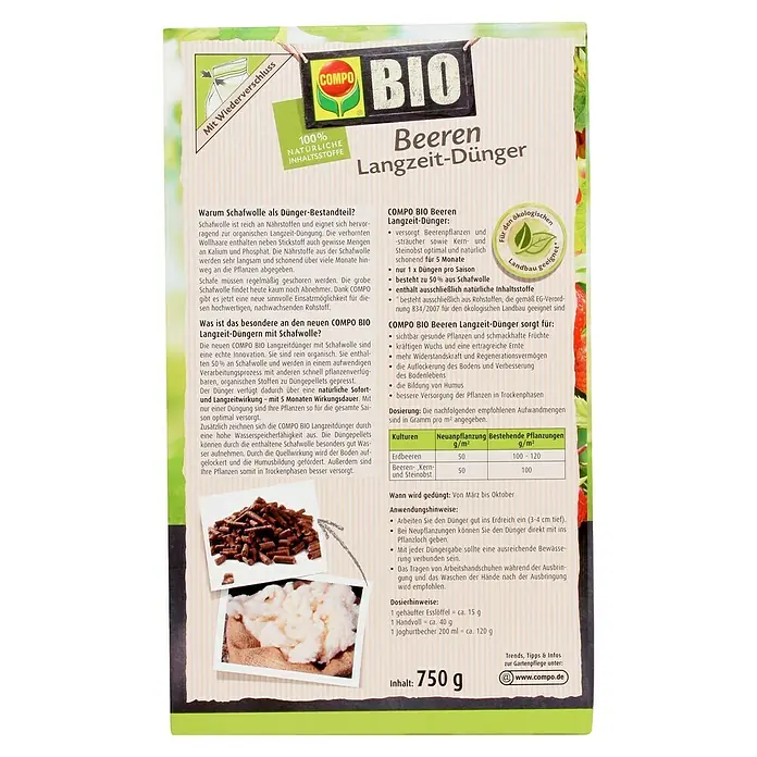 Compo Langzeitdünger Beeren - 750 g - Produktverpackung für COMPO BIO Beeren Langzeit-Dünger mit Schafwolle, ein organischer Dünger für Beerenpflanzen mit 5 Monaten Wirkungsdauer.