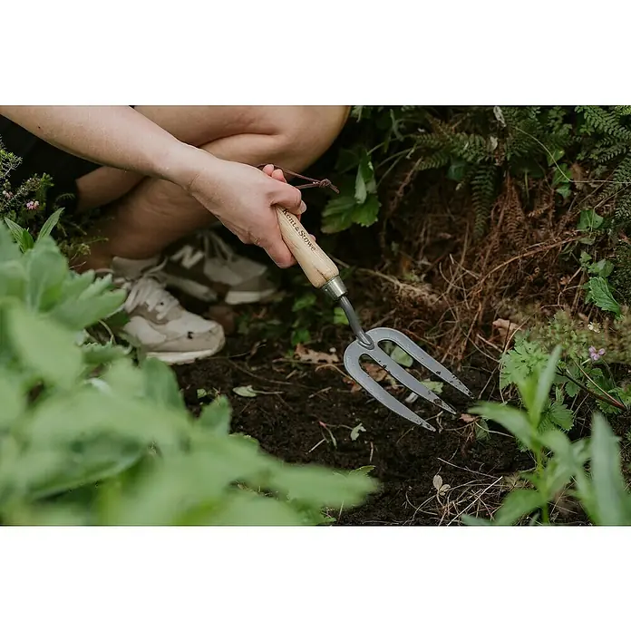 Kent & Stowe Handgabel Carbon Steel - 31,5 cm - Nahaufnahme einer Hand, die einen Kent & Stowe Kultivator in einem Garten mit Erde und Pflanzen hält.