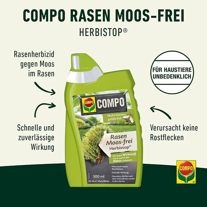 Compo Rasen-Moosfrei Herbistop - 500 ml - COMPO Rasen Moos-frei Herbistop®: Rasenherbizid gegen Moos, schnell wirksam, verursacht keine Rostflecken, ungefährlich für Haustiere.