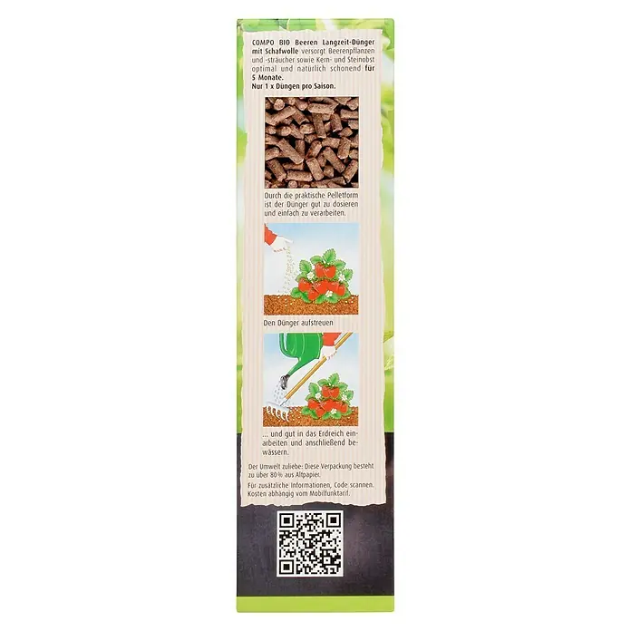 Compo Langzeitdünger Beeren - 750 g - Produktabbildung COMPO BIO Beeren Langzeit-Dünger mit Schafwolle. Ein Langzeitdünger für Beerenpflanzen und -sträucher.