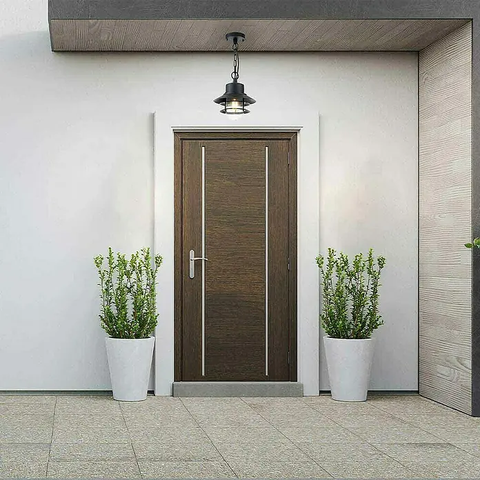 Elstead Pendelleuchte Copenhagen - 60 W, L x B x H: 22 x 22 x 37,5 cm, Schwarz, E27 - Das Bild zeigt eine elegante Außenleuchte über einer Holztür, flankiert von zwei Pflanzen in weißen Töpfen. Diese Kombination schafft einen einladenden Eingang.
