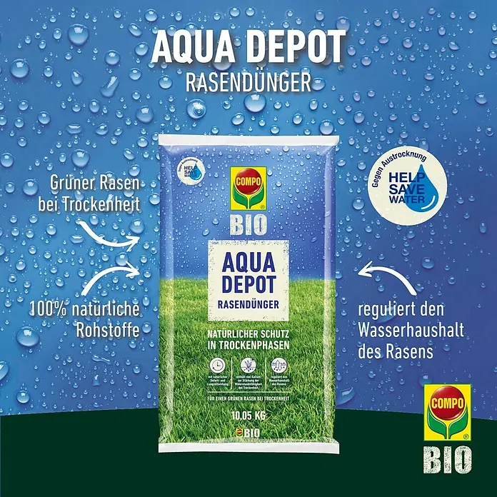 Compo Bio Rasendünger Aqua Depot - 10,05 kg, Max. Anwendungsfläche: 200 m² - Bild eines "Aqua Depot Rasendünger"-Produkts von Compo Bio, einem Rasendünger für Trockenperioden, der für einen grünen Rasen sorgt.
