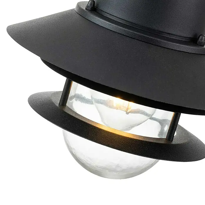 Elstead Pendelleuchte Copenhagen - 60 W, L x B x H: 22 x 22 x 37,5 cm, Schwarz, E27 - Nahaufnahme einer stilvollen, schwarzen Außenleuchte mit einer dekorativen Glaskugel und einem warmen Licht.