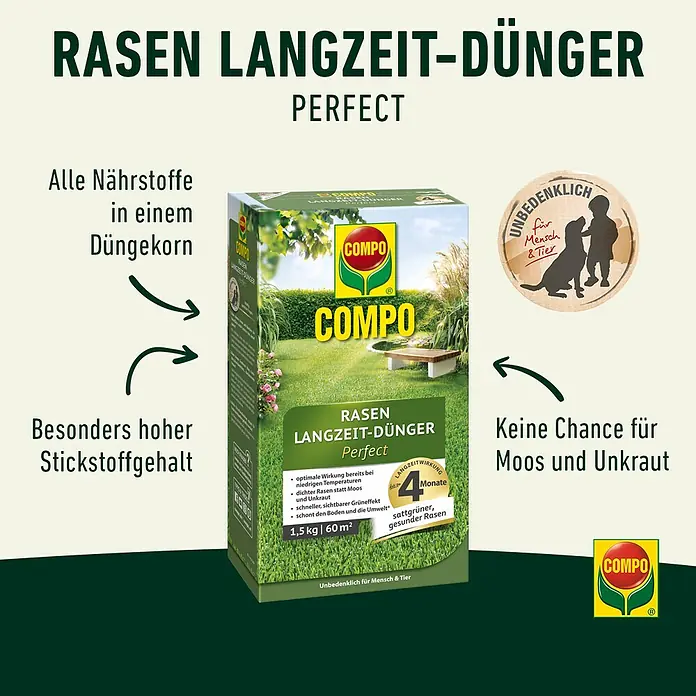 Compo Langzeit-Rasendünger - 1,5 kg - Rasen Langzeit-Dünger von COMPO: Für einen sattgrünen, gesunden Rasen, der Moos und Unkraut keine Chance lässt. Unbedenklich für Mensch und Tier.