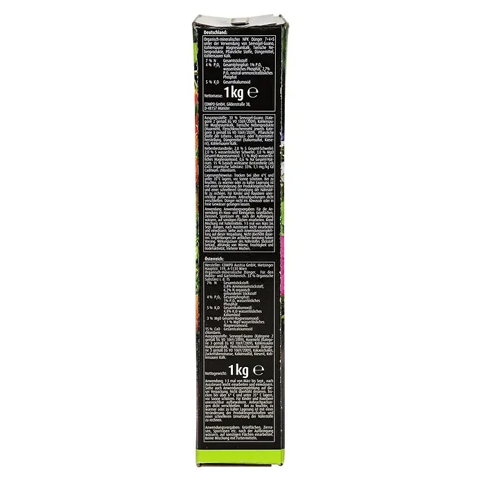 Compo Bio-Gartendünger - 1 kg - Ansicht der COMPO Gartendünger-Verpackung. Mineralischer NPK-Dünger zur Verwendung im Garten, zur Versorgung von Pflanzen und Rasenflächen.