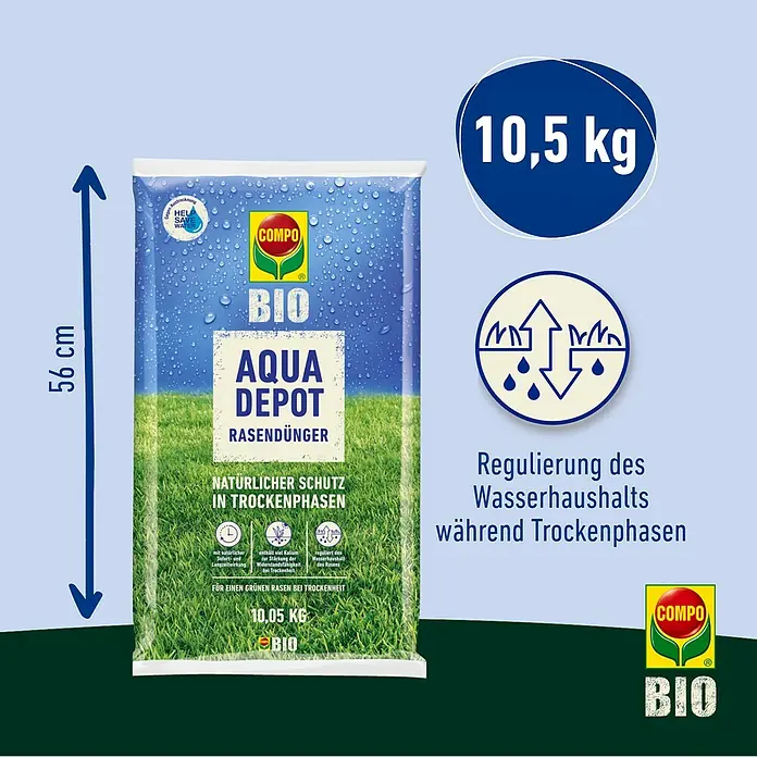 Compo Bio Rasendünger Aqua Depot - 10,05 kg, Max. Anwendungsfläche: 200 m² - COMPO BIO Aqua Depot Rasendünger: Organischer Rasendünger für Trockenphasen, der den Wasserhaushalt reguliert und für grünen Rasen sorgt.