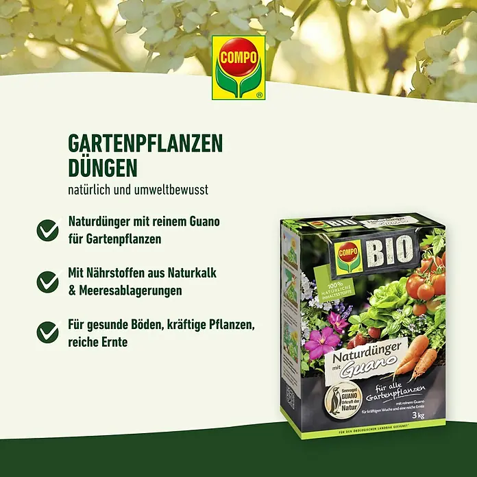 Compo Bio-Gartendünger - 1 kg - Produktbild von COMPO Gartendünger mit Guano. Natürlicher Dünger für gesunde Pflanzen, reichhaltige Ernte und zur Bodenverbesserung.