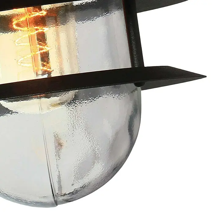 Elstead Außenwandleuchte Copenhagen - 60 W, 22 x 23,6 x 23,6 cm, Schwarz, IP44 - Nahaufnahme einer stilvollen Lampe mit sichtbarem Leuchtmittel und einem schwarzen Lampenschirm.