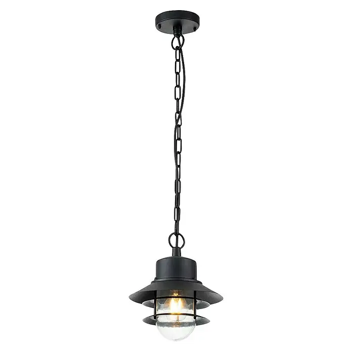 Elstead Pendelleuchte Copenhagen - 60 W, L x B x H: 22 x 22 x 37,5 cm, Schwarz, E27 - Eine elegante schwarze Pendelleuchte mit Kettenaufhängung und klarem Glasschirm, die jedem Raum einen Hauch von Industriecharme verleiht.