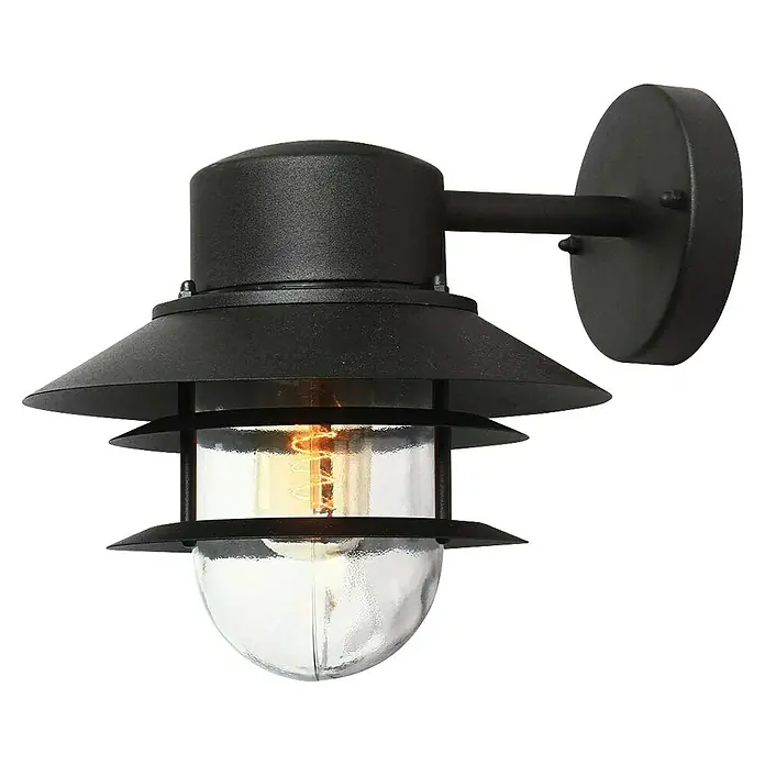 Elstead Außenwandleuchte Copenhagen - 60 W, 22 x 23,6 x 23,6 cm, Schwarz, IP44 - Nahaufnahme einer stilvollen, schwarzen Außenwandleuchte mit klarem, strukturiertem Glasdiffusor und warmem Lichtschein.