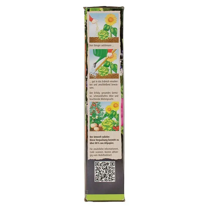 Compo Bio-Gartendünger - 1 kg - Produktverpackung mit Anweisungen zur Düngung und den Vorteilen für Gemüse, Obst und Blüten.