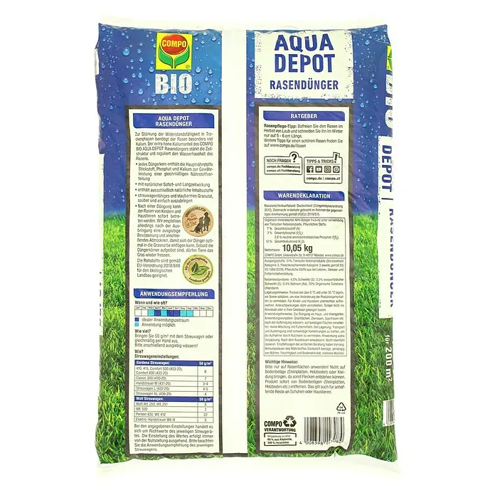 Compo Bio Rasendünger Aqua Depot - 10,05 kg, Max. Anwendungsfläche: 200 m² - Abbildung einer COMPO BIO AQUA DEPOT Rasendünger-Packung mit Anwendungshinweisen, ideal für einen widerstandsfähigen, grünen Rasen.