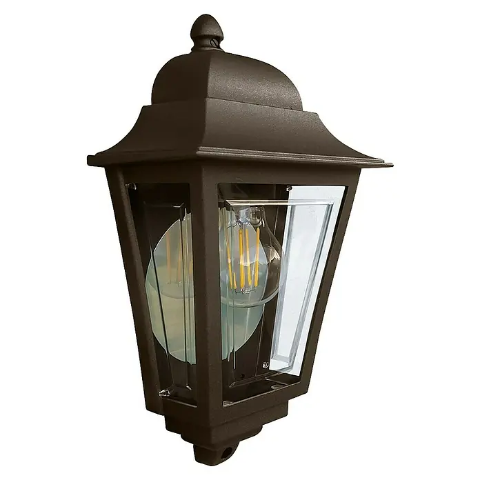 Elstead Außenwandleuchte Deco lane - 60 W, 11 x 32,5 x 32,5 cm, Bronze, IP44 - Nahaufnahme einer braunen Außenwandleuchte mit klaren Glasscheiben und einer Edison-Glühbirne im Inneren.