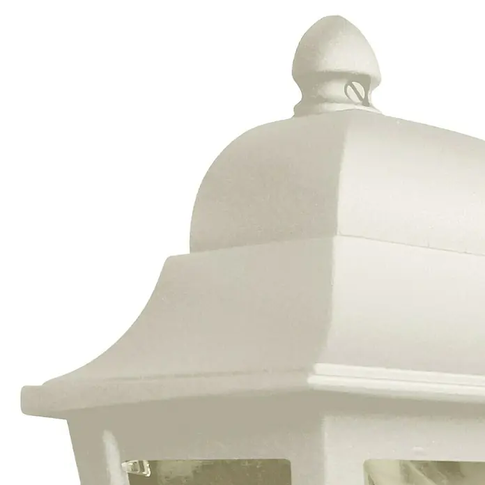 Elstead Außenwandleuchte Deco lane - 60 W, 11 x 32,5 x 32,5 cm, Creme, IP44 - Nahaufnahme einer weißen Außenleuchte mit dekorativem Oberteil, ideal für Garten oder Terrasse.