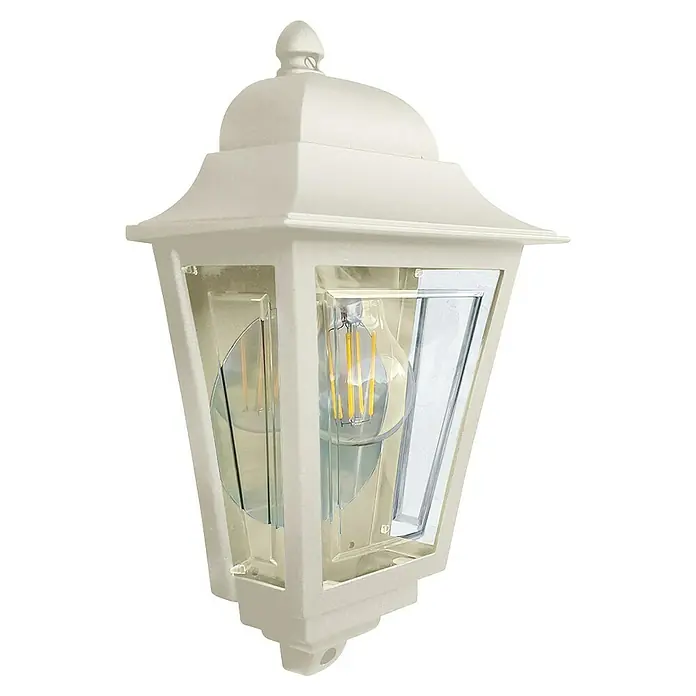 Elstead Außenwandleuchte Deco lane - 60 W, 11 x 32,5 x 32,5 cm, Creme, IP44 - Nahaufnahme einer cremefarbenen Außenwandleuchte mit klaren Glasscheiben und einer Edison-Glühbirne.
