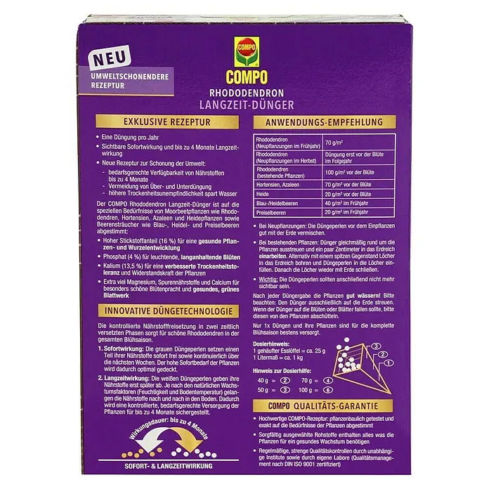 Compo Langzeitdünger Rhododendron - 850 g - COMPO Rhododendron Langzeit-Dünger: Für üppige Blütenpracht und gesundes Wachstum Ihrer Rhododendren. Einfache Anwendung, bis zu 4 Monate Langzeitwirkung.