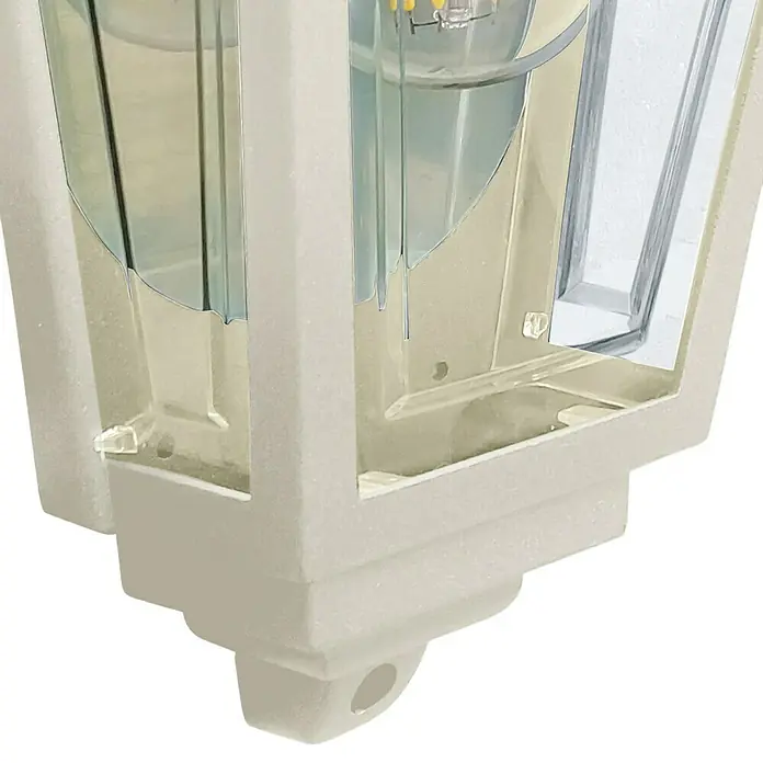 Elstead Außenwandleuchte Deco lane - 60 W, 11 x 32,5 x 32,5 cm, Creme, IP44 - Detailaufnahme einer weißen Außenleuchte mit klaren Glaseinsätzen, die ein modernes und helles Design zeigt.
