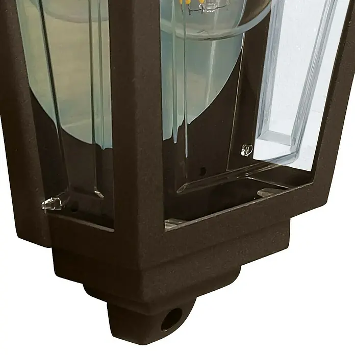 Elstead Außenwandleuchte Deco lane - 60 W, 11 x 32,5 x 32,5 cm, Bronze, IP44 - Nahaufnahme einer Außenlaterne mit klaren Glasscheiben und einem dunklen, robusten Rahmen, ideal für die Beleuchtung von Außenbereichen.